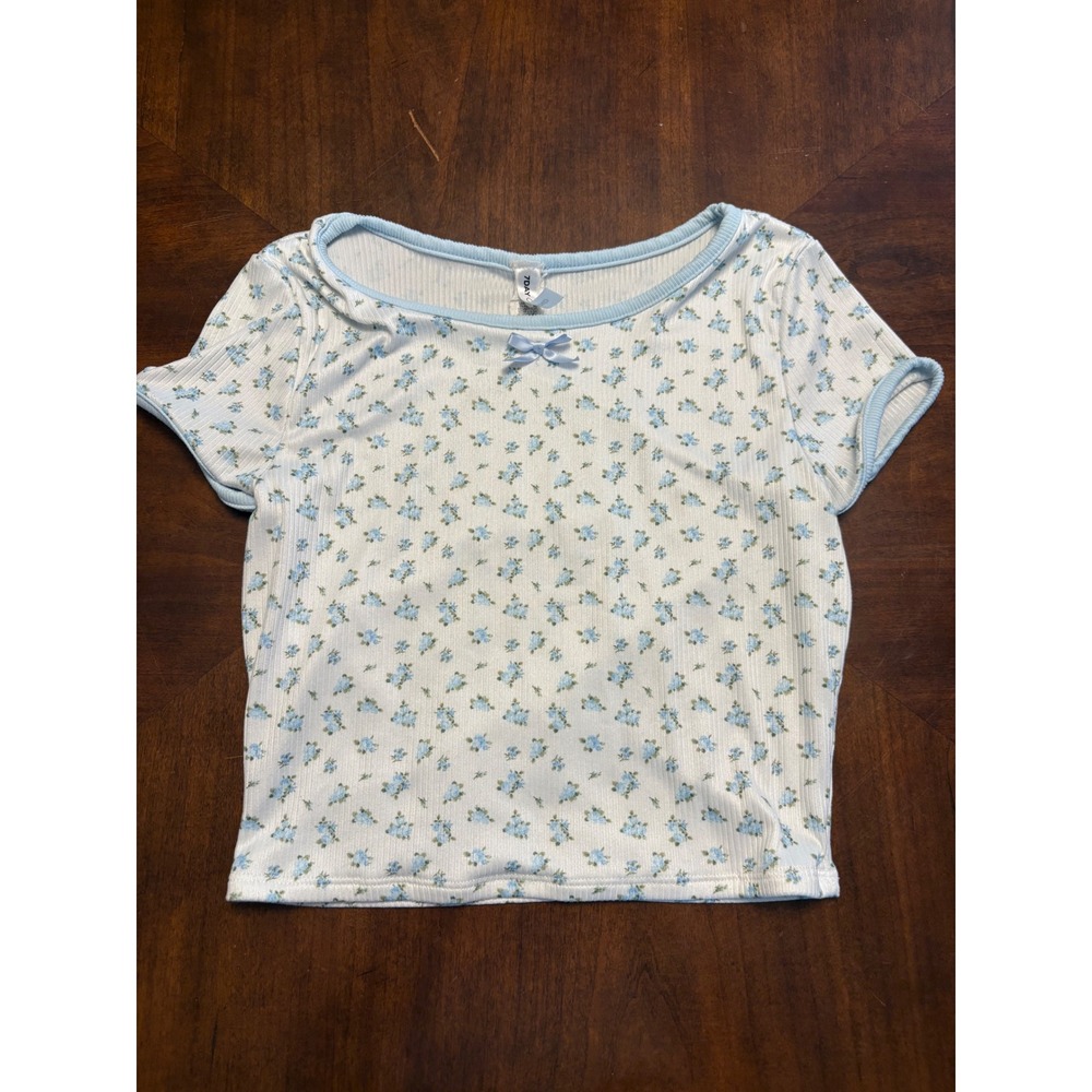 7Day Wknd Floral Baby Tee Women Medium Blue Ribbed Bow Crop Top